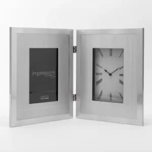 Image of Double Aluminium Silver Photo Frame & Clock 4" x 6"