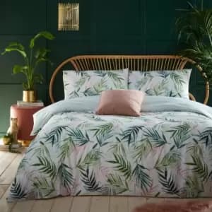 Image of Furn. Bali Palm Floral Reversible Duvet Cover and Pillowcase Set Green/Pink/White