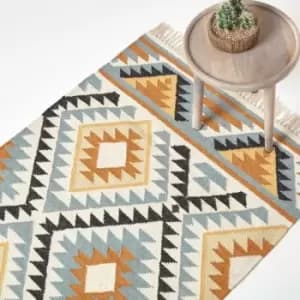 Image of Agra Handwoven Ochre Gold, Silver Grey and Black Diamond Pattern Kilim Wool Rug, 90 x 150cm - Multi Colour - Homescapes