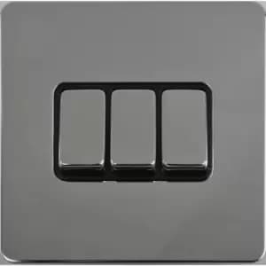 Image of Schneider Electric Ultimate Screwless Flat Plate - 3 Gang Rocker 2 Way Light Switch, Single Pole, 16AX, GU1432BPC, Polished Chrome with Black Insert