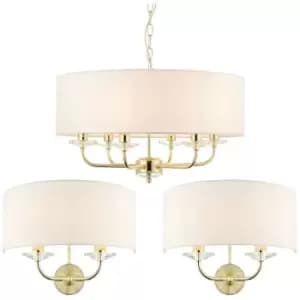 Image of 6 Bulb Ceiling Pendant Lamp & 2x Matching Twin Wall Light Modern Brass Plate