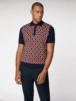 Image of Ben Sherman Pattern Front Polo - Dark Navy/Patterned, Dark Navy, Size XL, Men