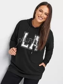 Image of Yours Varsity Slogan Sequin Hoodie Dress, Black, Size 26-28, Women