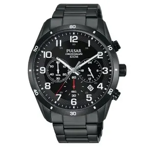 Image of Pulsar PT3831X1 Mens Black Ionized Chronograph Bracelet Watch 100M