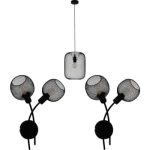Image of Ceiling Pendant Light & 2x Matching Wall Lights Black Mesh Trendy Shade Lamp