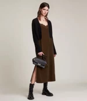 Image of AllSaints Womens Noa Velvet Dress, Khaki Green, Size: 12