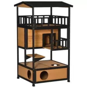 Image of PawHut Wooden Cat House 3-Tier for Winter Kitten Shelter Lodge w/ Tilted Roof Terrace Jump Step Bottom Tray Elevated Base, Yellow