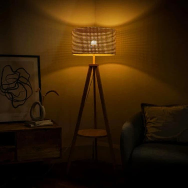 Image of ValueLights Morrigan Light Wood Tripod Wooden Floor Lamp With Wicker Shade Natural