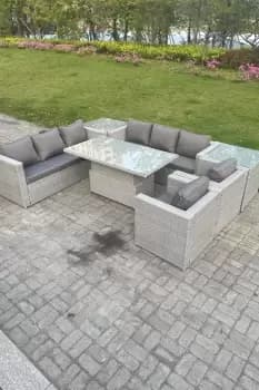 Image of Fimous 8 Seater Outdoor Light Grey Rattan Lounge Complete Sofa Set with Adjustable Table and Side Table