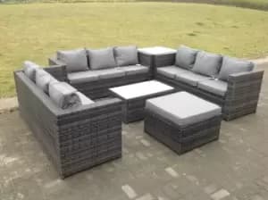 Image of Fimous 9 Seater Outdoor Dark Grey Rattan Lounge Sofa Complete Set with Oblong Coffee Table and Big Footstool