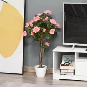 Image of Outsunny Artificial Camellia Tree Fake Decorative Plant 21 Flowers with Nursery Pot for Indoor Outdoor Decor, 90cm, Pink and Green