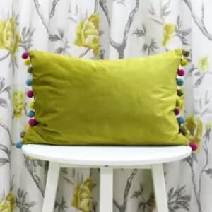 Image of Riva Paoletti Fiesta Velvet Pom Pom Fringe Cushion Cover, Bamboo/Multi, 35 x 50 Cm