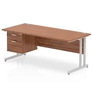 Image of Dynamic Rectangular Office Desk Walnut MFC Cantilever Leg Silver Frame Impulse 1 x 2 Drawer Fixed Ped 1800 x 800 x 730mm