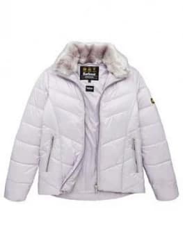Image of Barbour International Girls Nurburg Quilted Faux Fur Collar Jacket - Haze, Haze, Size 8-9 Years, Women