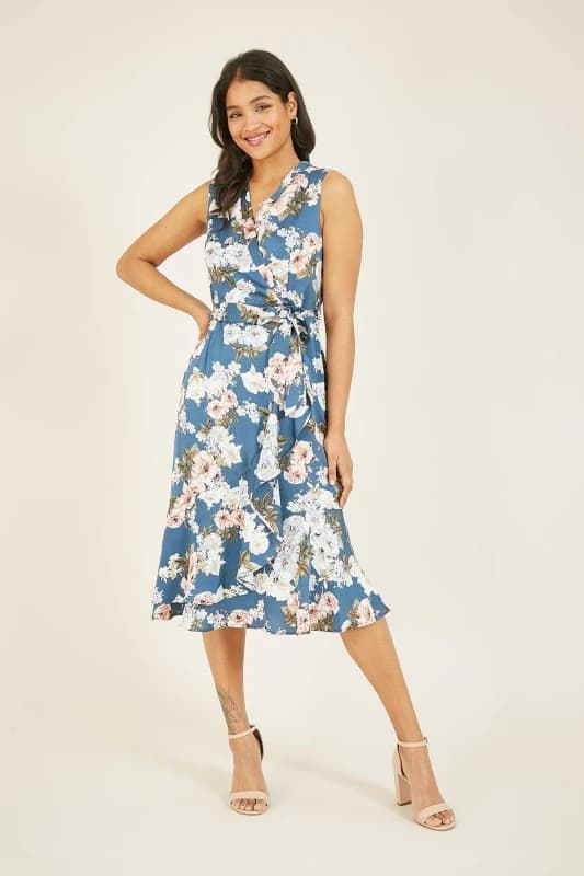Image of Mela Satin Floral 'Nya' Midi Wrap Dress Blue female