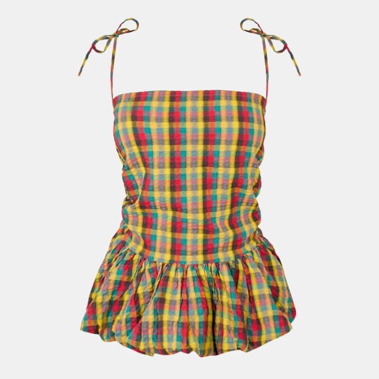 Image of AmyLynn Womens Sabrina Peplum Top Red/Green Chk female 8 (S)