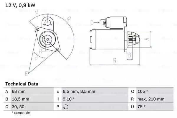 Image of Bosch 0986017120 Starter Motor 1712 12 V 0,9 kW Output BOSCHSTARTER-0986017120