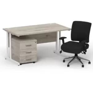 Image of Impulse 1400 x 800 White Cant Office Desk Grey Oak + 3 Dr Mobile Ped & Chiro Med Back Black W/Arms