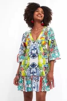 Image of Beaded V Neck Fruit Print Kaftan Tunic Dress