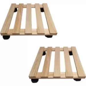Image of Samuel Alexander - 2 Pack of 28cm Square Wooden Garden Plant Pot Flower Trolley Stand On Wheels