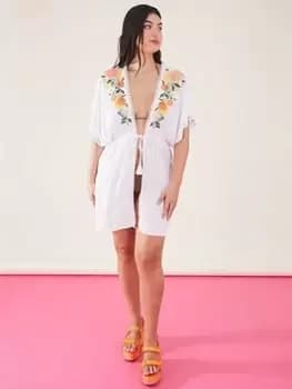 Image of Accessorize Lemon And Oranges Embroidered Kaftan, White Size M Women