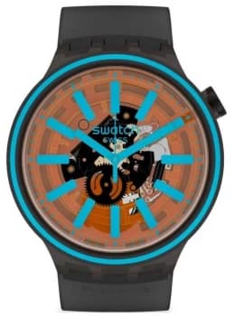 Image of Swatch FIRE TASTE Black Rubber Strap Orange/Blue Dial Watch