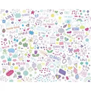Image of Origin Murals Social Doodle Text Purple Wall Mural - 3.5 x 2.8m