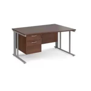 Image of Office Desk Right Hand Wave Desk 1400mm With Pedestal Walnut Top With Silver Frame Maestro 25 MCM14WRP2SW