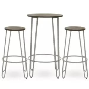 Image of Interiors By Ph 3 Piece Elm Wood Bar Table And Stool Set Grey Metal Frame