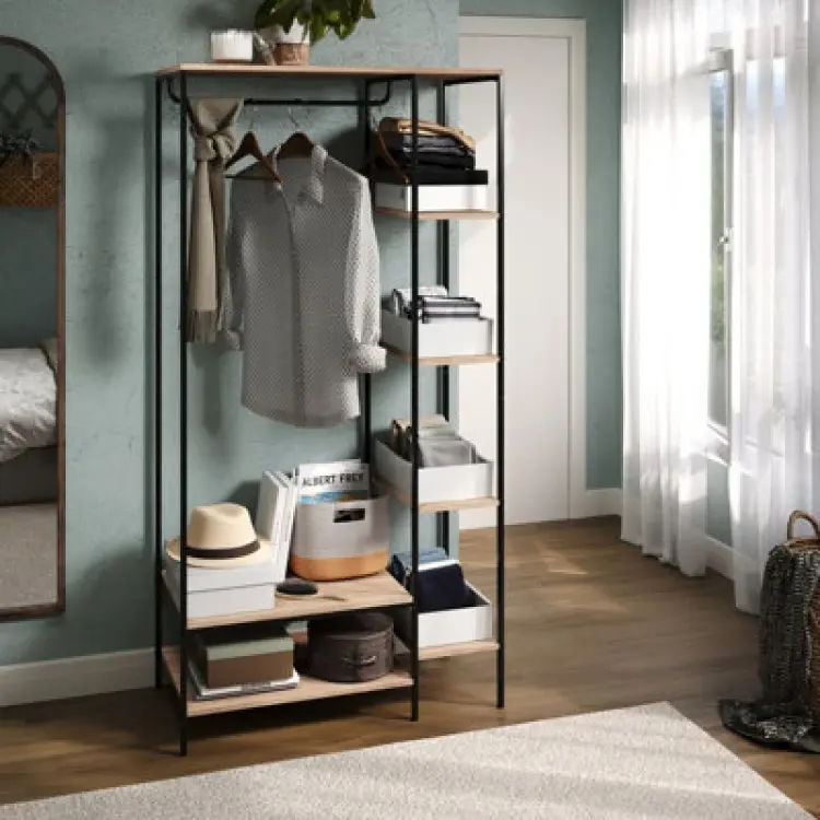 Image of Core Products Kelly Oak Effect Open Wardrobe With Side Shelf Storage - Rustic Industrial Wooden And Metal Storage