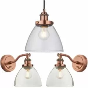 Image of Ceiling Pendant & 2x Matching Wall Light Pack Aged Copper & Clear Glass Shade