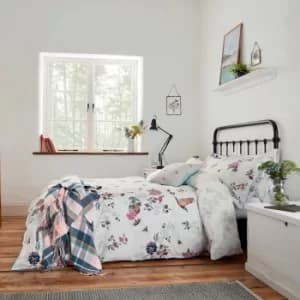 Image of Joules Woodland Floral 100% Cotton Duvet Cover and Pillowcase Set White, Blue and Pink