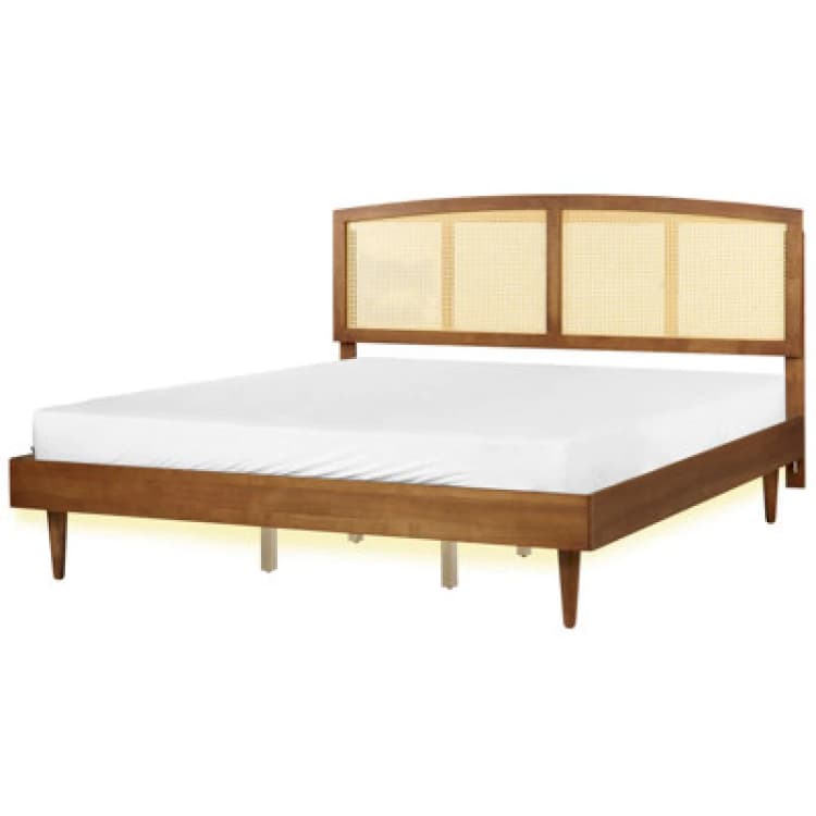 Image of Beliani Bed With LED Rattan Varzy 180 X 200 Cm (Eu Super King) Brown