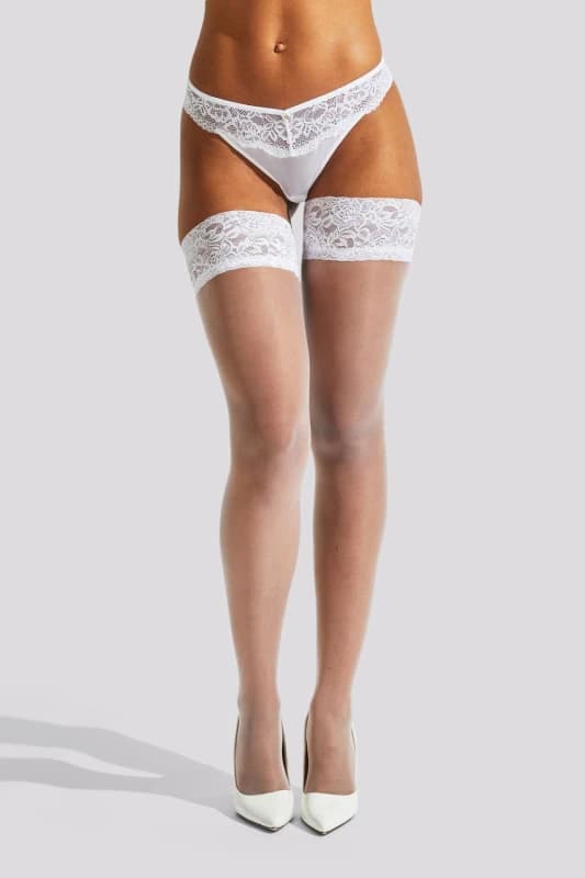 Image of Ann Summers Lace Top Glossy Hold Ups White female
