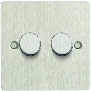 Image of Wickes Dimmer Switch 2 Gang 2 Way 400W Brushed Steel Ultra Flat Plate
