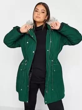 Image of Yours Yours Plush Faux Fur Trim Parka Green, Size 34-36, Women