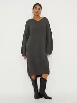 Image of Dorothy Perkins V Neck Knitted Midi Dress - Charcoal, Grey, Size XL, Women