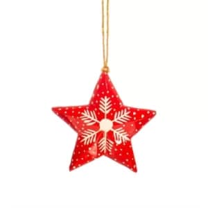 Image of Red Star Snowflake Paper Mache Hanging Decoration