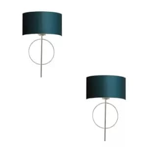 Image of 2 PACK Antique Silver Leaf Wall Light & Teal Satin Shade Dimmable Filament Lamp