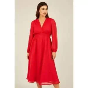 Image of Yumi Red Metallic Dobby Midi Dress - Red