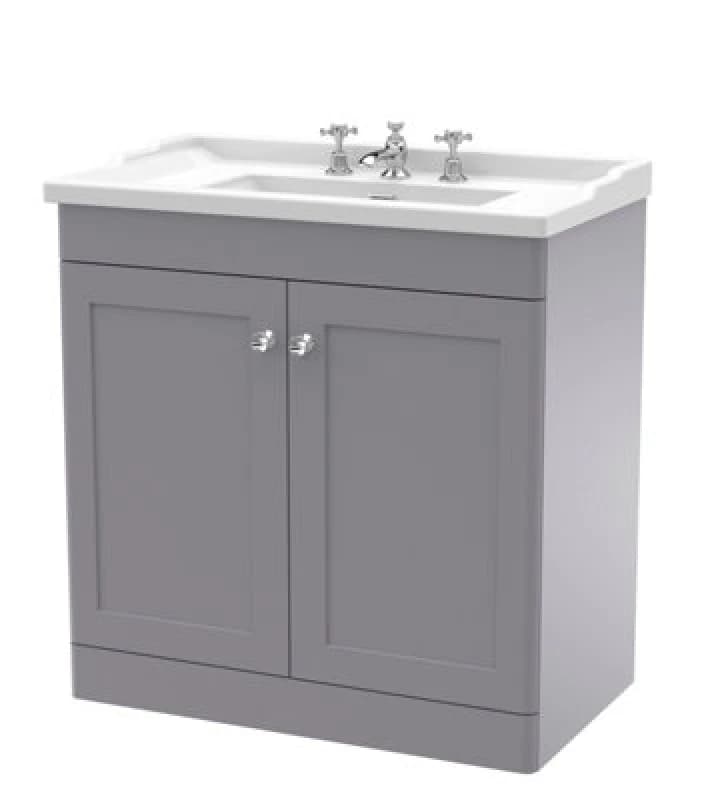 Image of Nuie Classique 800mm Floor Standing 2-Door Vanity Unit With Marble Top-Satin Grey