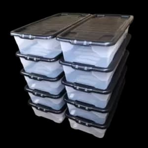 Image of 10 x 42L Clear Under Bed Storage Box with Black Lid, Stackable and Nestable Design Storage Solution