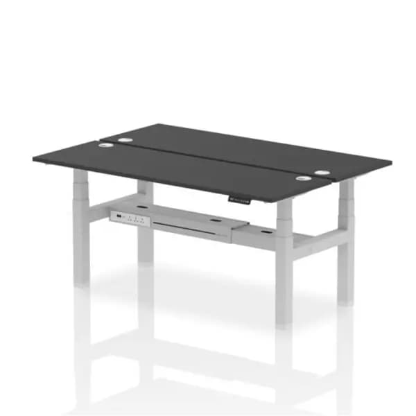 Image of Air Air Back-to-Back 1800 x 600mm Height Adjustable 2 Person Bench Desk Black Top with Cable Ports Silver Frame HASCP2P18600BLKS