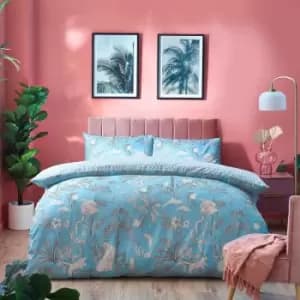 Image of Furn - Colony Palm Wildlife Paradise Print Reversible Duvet Cover Set, Pool Blue, Double