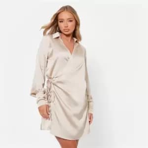 Image of I Saw It First Wrap Tie Side Satin Shirt Dress - Cream