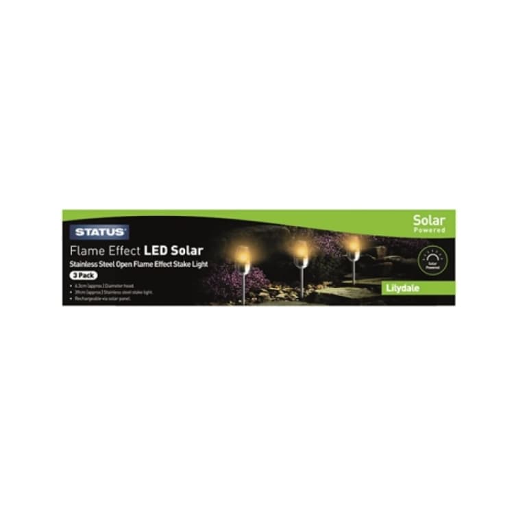 Image of Status Lilydale - 6.3cm - LED - Solar - Open Flame Effect Stake Light - Stainless Steel, 3 Pack