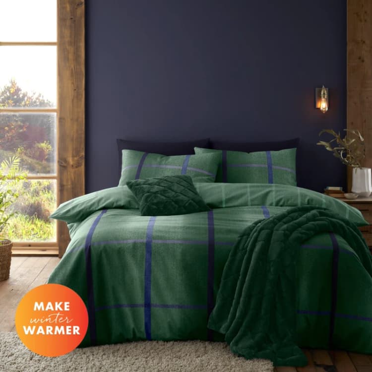 Image of Catherine Lansfield Melrose Tweed 100% Duvet Cover and Pillowcase Set Green