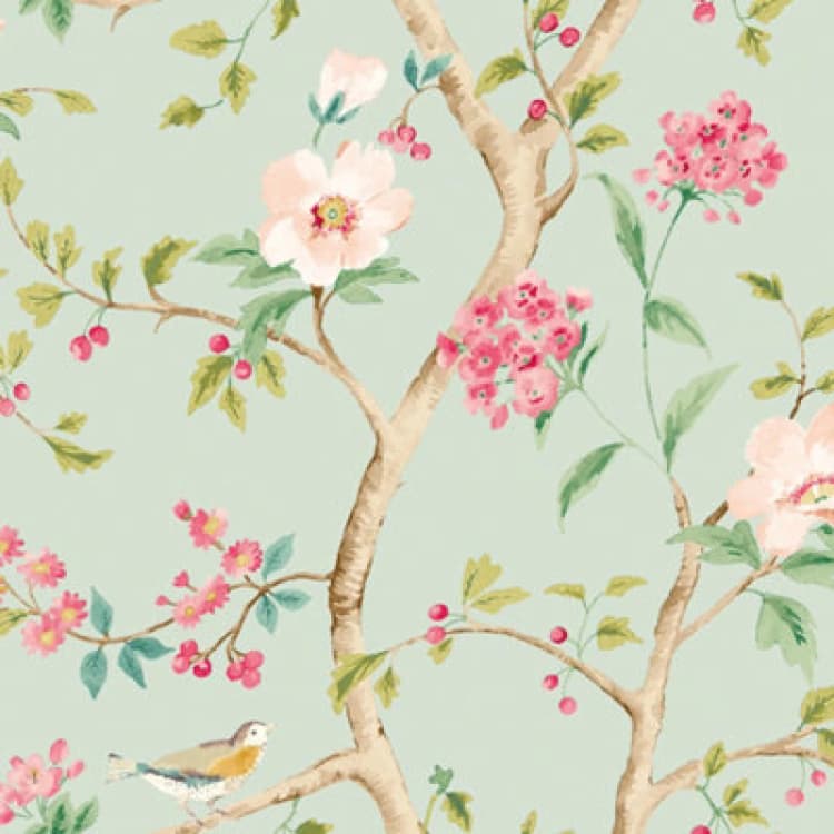 Image of Hoopla Walls Bird Song - Seafoam & Rose 10M Wallpaper