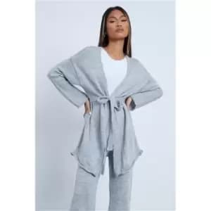 Image of I Saw It First Grey Marl Soft Belted Wrap Cardigan And Culotte Knitted Set - Grey