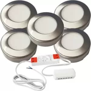 Image of 5x BRUSHED NICKEL Round Surface or Flush Under Cabinet Kitchen Light & Driver Kit - Warm White LED